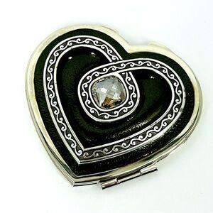 Brighton Heart-Shaped Black and Silver Jeweled Compact Purse Mirror - Rare